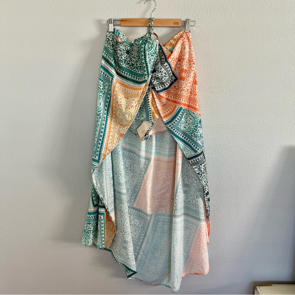 Boho Patchwork Off-Shoulder 2-piece set Top and bottom in Teal & Orange